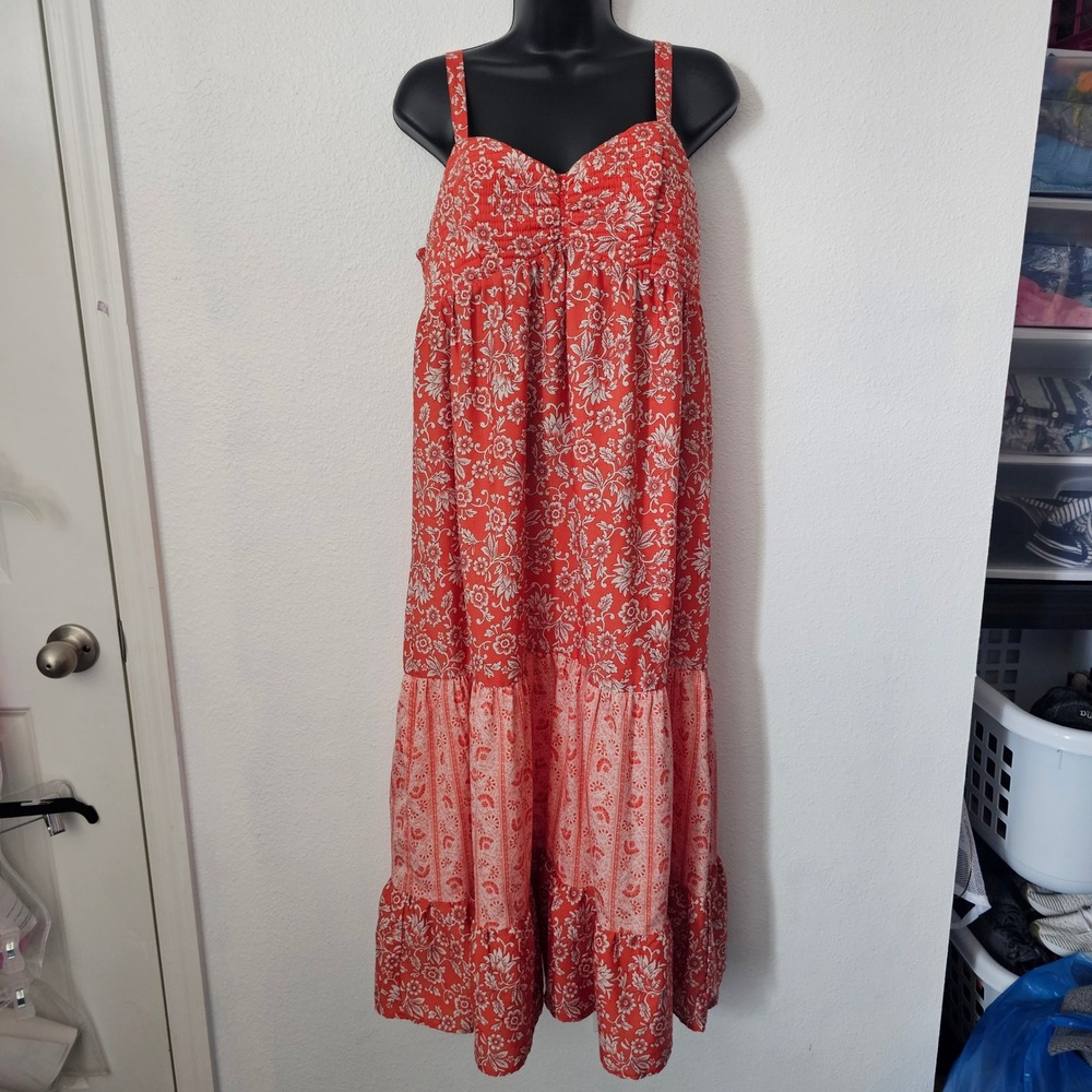 Band of the Free Red Floral Tiered Maxi Dress‎ Womens Large Smocked Back Boho